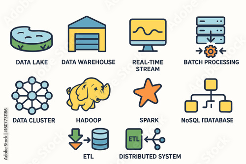 Data Infrastructure Icons Grid with Hadoop, Data Lake, ETL, and More