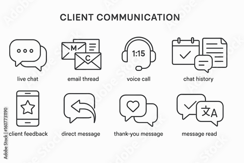 Set of Client Communication Icons Including Live Chat, Email, Voice Call, Feedback, and More