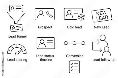 Black Line Icons for Sales and Lead Management: Funnel, Prospect, Cold Lead, Conversion