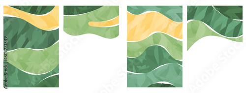 Eco vineyard field with vector layout, grape collage, flat abstract pattern, farmland tea design, rural nature background, scenery postcard, wallpaper terrace, kit flyer, countryside patchwork, story