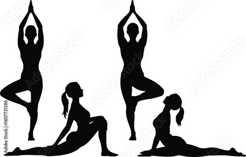 Diverse group of people in dynamic action poses silhouette
