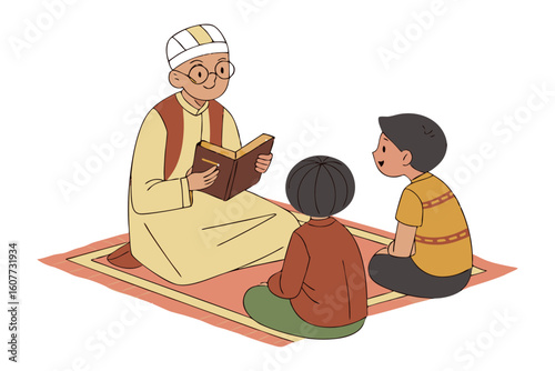 Elderly man wearing a traditional cap and glasses reads a book with a gentle smile