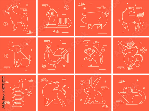 Chinese horoscope zodiac signs collection, geometric linear minimalist style. Animals symbols for Chinese New year.