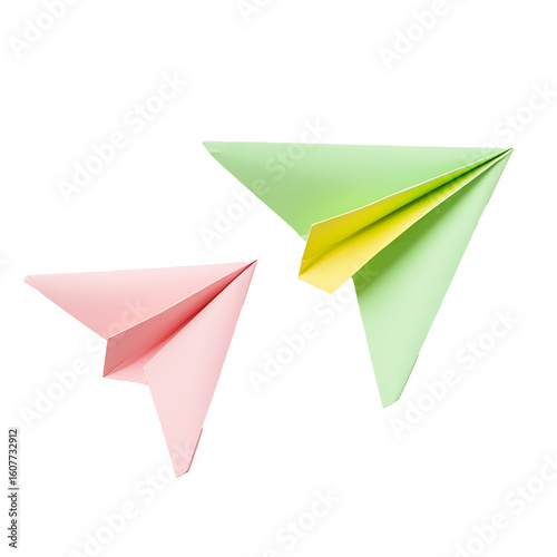 Free Download Two paper airplanes, one pastel pink and one light green with yellow inside, representing creativity and simple design against a stark black background. - GFXLoad