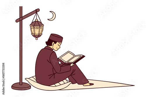 Smiling muslim woman wearing a purple hijab points to arabic calligraphy on a whiteboard in a cartoon illustration