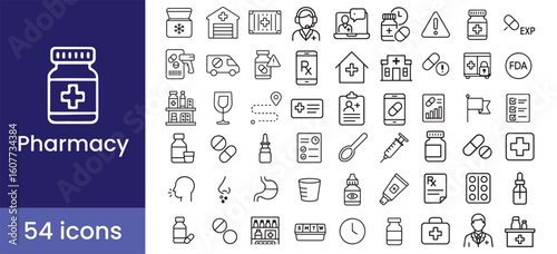 Pharmacy and medical icon set with 54 line illustrations including medicine, healthcare, pill, drug, prescription, hospital, doctor, and health symbols for pharmaceutical services