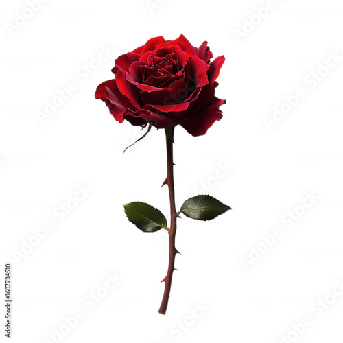 Deep Red Rose With Scattered Petals isolated on a transparent background stem leaves