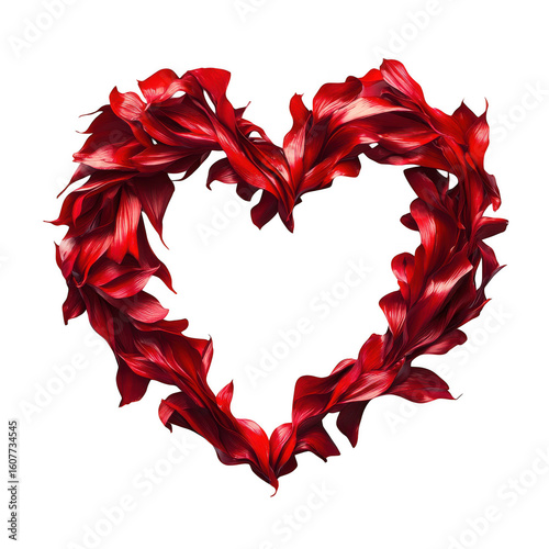 Crimson petals forming heart shape isolated on a transparent background romantic