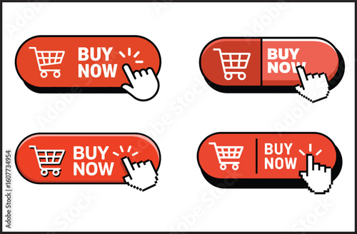 Buy Now Button Set with Shopping Cart Icon and Mouse Cursor Vector Web Elements