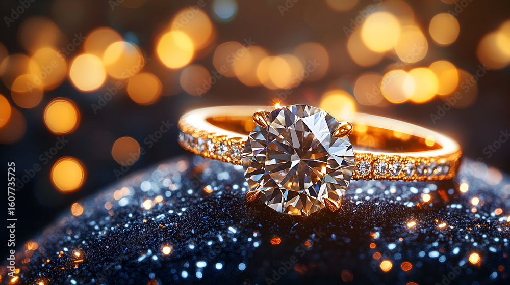 Fototapeta premium Diamond engagement ring on a sparkly surface with bokeh lights in the background.