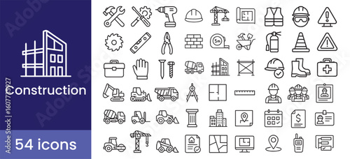 Construction and building icon set with 54 line illustrations including tool, engineer, safety, worker, equipment, industry, plan, and architect symbols for real estate projects