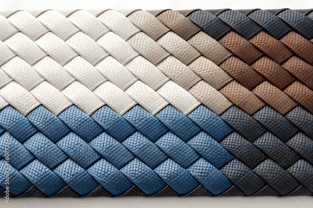 Fototapeta premium Detailed macro shot of a woven accessory showcasing a multicolor braided texture with a gradient from white and beige to blue and black.