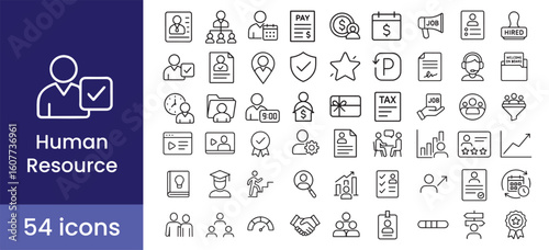 Human resource and business icon set with 54 line illustrations including job, employee, recruitment, career, management, hiring, and staff symbols for corporate employment