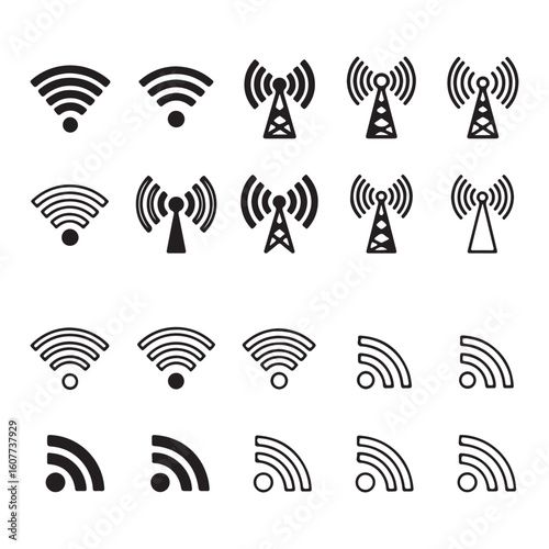 Diverse Wireless Communication Iconography Displaying Signal Strength and Transmission Technologies for Connectivity Solutions in Contemporary Digital Networks