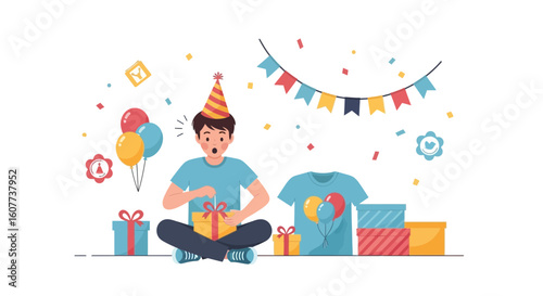 Excited Young Man Opening Present at Festive Birthday Celebration Party
