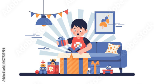 Excited Young Boy Opening Birthday Gift At Home In A Decorated Room