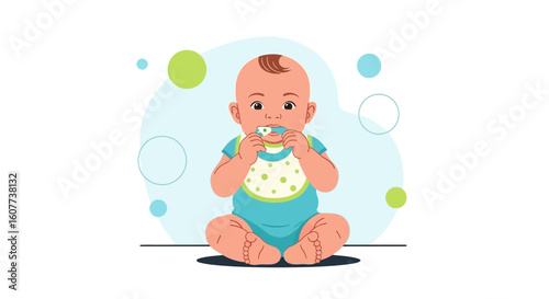 Cute Infant Teething With A Colorful Bib And Chewing Toy Design Illustration