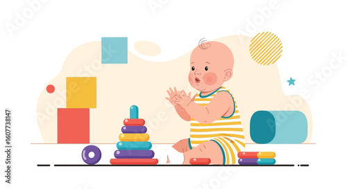 Cute Infant Plays With Colorful Toy Stack And Shapes For Cognitive Development