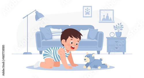 Cute Little Baby Exploring the World Crawling with His Toy Indoors