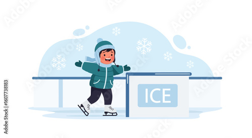 Cute Kid Enjoying Ice Skating At The Rink On A Snowy Winter Day
