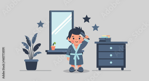 Cute Little Boy Brushing His Hair In The Cozy Bedroom At Home