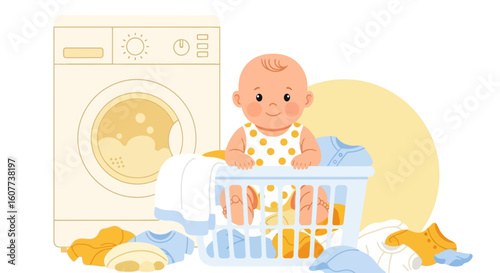 Cute Infant With Laundry Basket Ready For Wash Routine Illustration