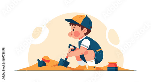 Cute Little Boy Is Playing With Sand Using Shovel In Sunny Day