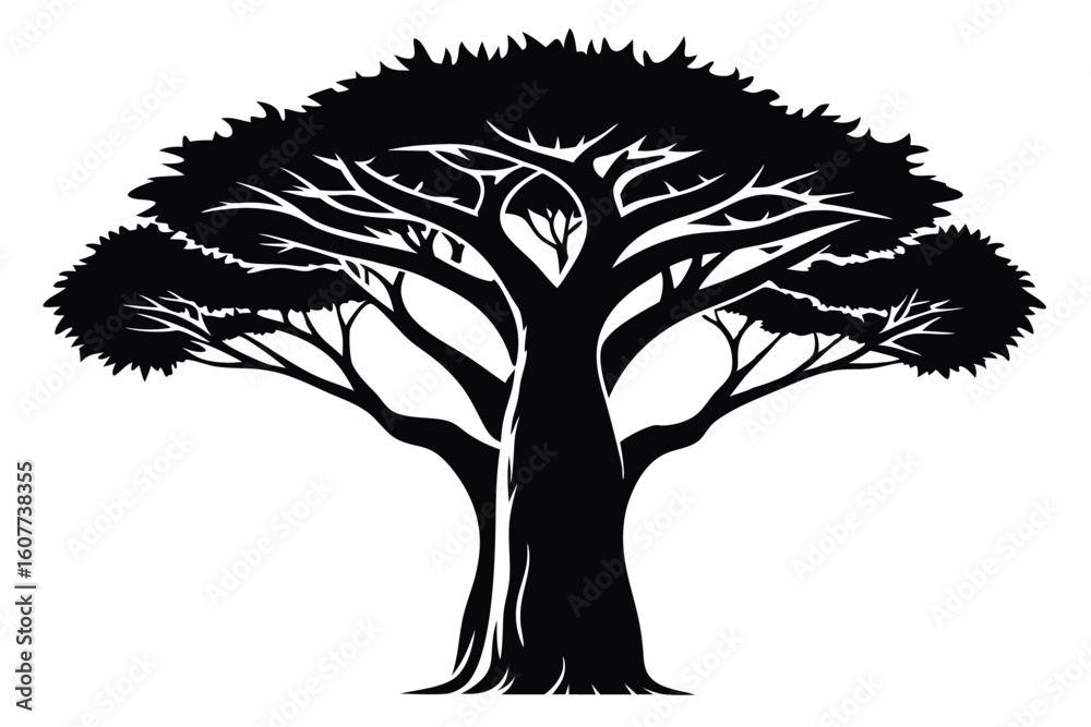Obraz premium Silhouette Illustration of a Mature Tree with a Thick Trunk and Foliage