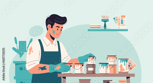 Dedicated Craftsman Arranging Paint Supplies For Interior Design Project Preparation