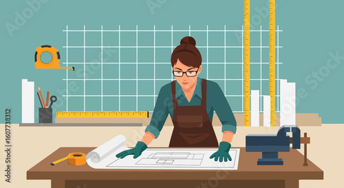 Dedicated Architect Woman Examines Blueprints With Precision Tools In Workshop
