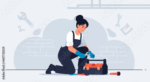 Dedicated Female Plumber Fixing Pipes With Toolbox And Wrench Professionally