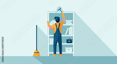 Dedicated Janitor Carefully Dusting Bookshelf With Attention To Detail Concept