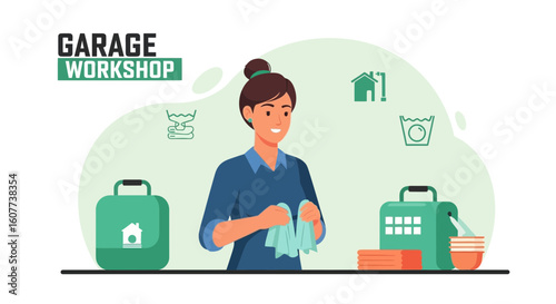 Dedicated Woman Cleans And Organizes A Garage Workshop With Various Cleaning Supplies