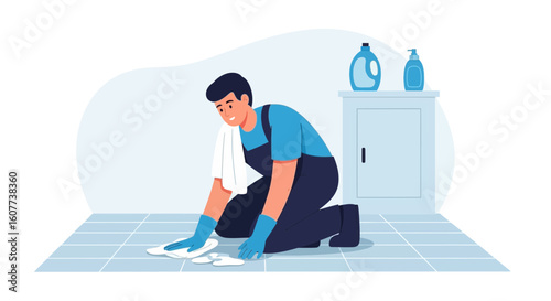 Dedicated Worker Cleaning Tile Floor With Rag And Cleaning Supplies Nearby
