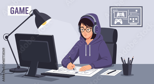Dedicated Young Game Designer Creating New Characters At Desk Using Graphics Tablet