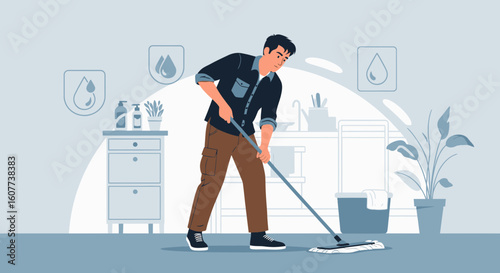 Dedicated Young Man Performing Cleaning Duties In Modern Home Interior Scene