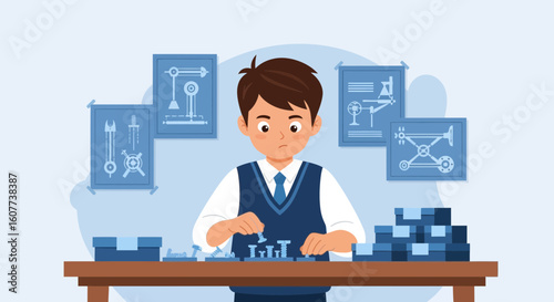 Dedicated Young Inventor Working On Mechanical Project With Blueprints In Background