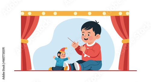 Delighted Boy With Puppet Show Creating Fantasy World And Storytelling