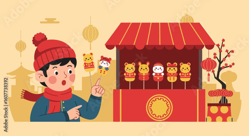 Delighted Boy Choosing Traditional Chinese Sweet Figurines From Street Vendor