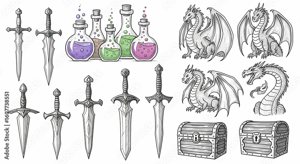 Obraz premium Set of fantasy RPG-themed doodles. Sketchy drawings of swords, potions, dragons, and treasure chests. Dungeons & Dragons notebook style