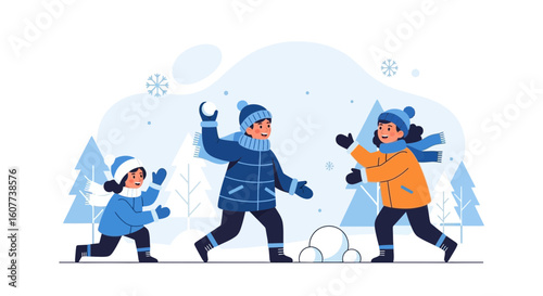 Delightful Winter Frolic Children Engage In A Playful Snowball Fight Adventure