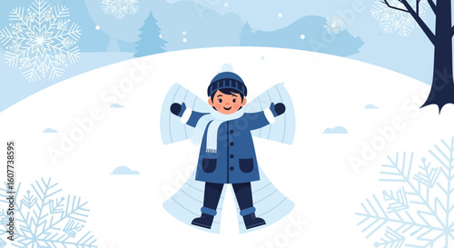Delightful Winter Scene Child Making Snow Angel On A Snowy Day