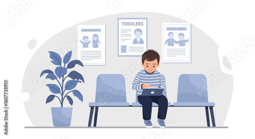 Digital Native Boy Engaged On Tablet Device In Waiting Room For Toddlers Ads