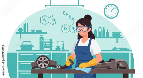 Diligent Woman Cleans Mechanical Parts In Workshop With Chemical Structure Background