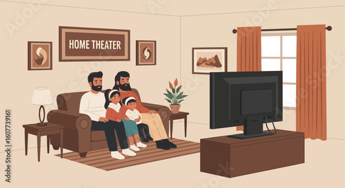 Family Bonding Time Watching Tv In Home Theater Together In Living Room