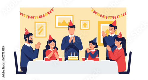 Family Celebrates Birthday Together In Festive Setting And Decorated Room