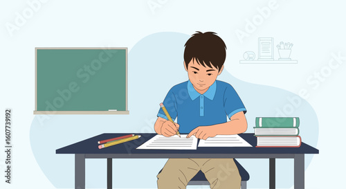 Diligent Young Student Engaged In Educational Pursuit In Classroom Environment
