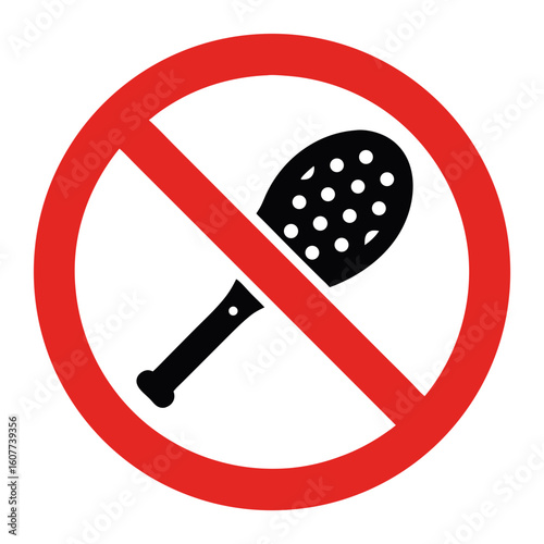 Tennis racket not allowed, do not use a tennis racket. No tennis racket symbol depicts prohibition of sporting equipment. Prohibition tennis racket ban communicates restriction on sport activities.