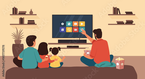 Family Enjoying Streaming Service On Television Together In The Living Room