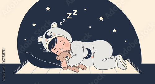 Dreamy Night: A Child's Peaceful Slumber Under The Starlit Sky With Teddy